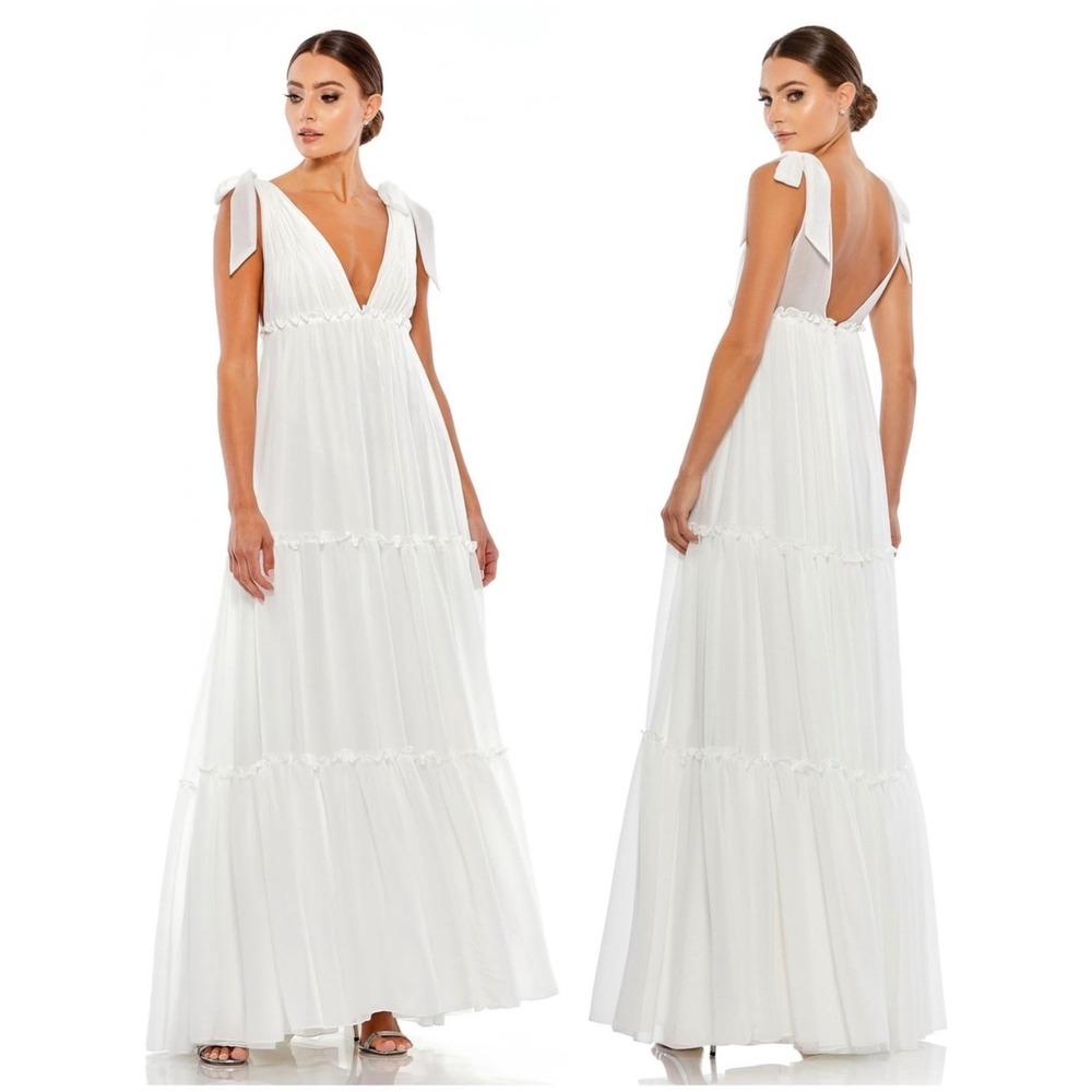 Ieena by Mac Duggal 70188 White Chiffon Tiered Maxi Gown Tie Shoulder Dress 0